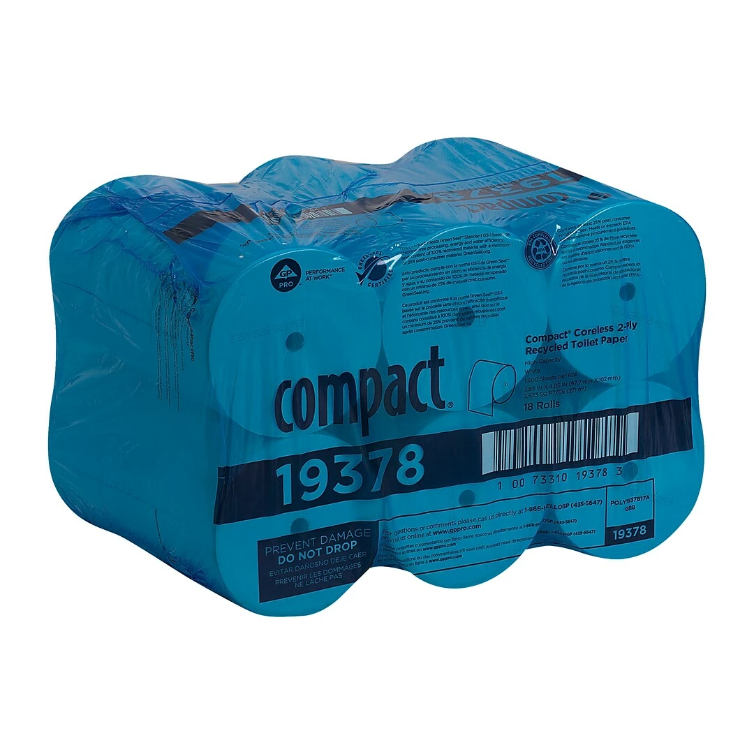 Compact Recycled Coreless Toilet Paper, 2-Ply, White, 1500 Sheets/Roll, 18 Rolls/Carton (19378) - Image 2