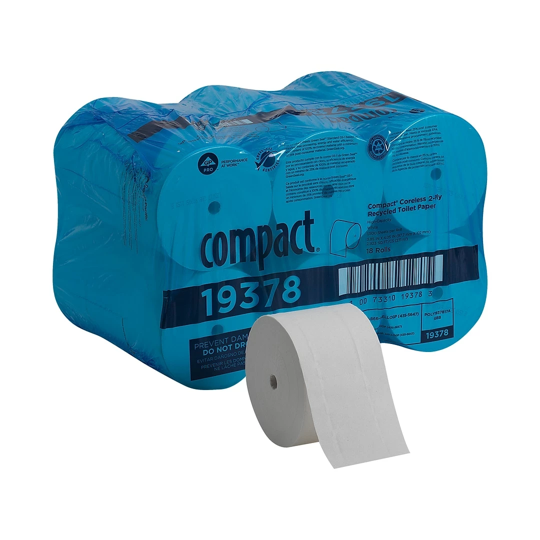 Compact Recycled Coreless Toilet Paper, 2-Ply, White, 1500 Sheets/Roll, 18 Rolls/Carton (19378) - Image 3