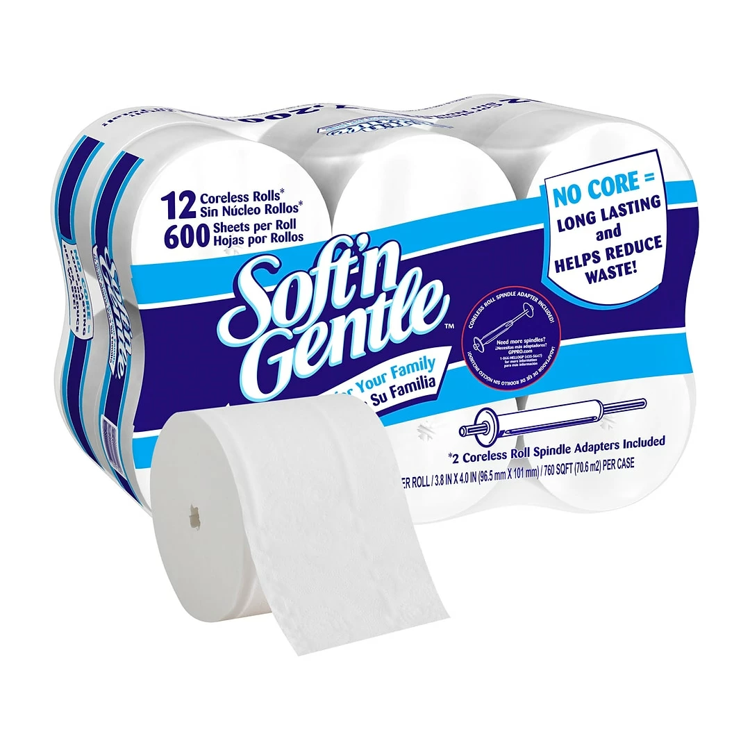 Georgia-Pacific Soft'n Gentle 2-ply Coreless Toilet Paper, White, 600 Sheets/Roll, 12 Rolls/Case (13325501)