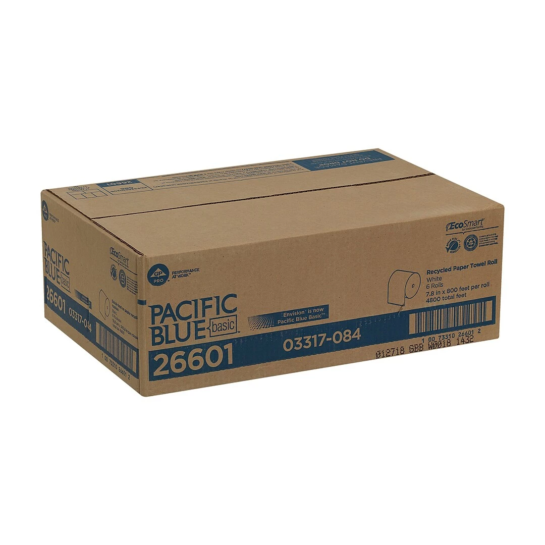 Pacific Blue Basic Recycled Hardwound Paper Towels, 1-ply, 800 Ft./Roll, 6 Rolls/Carton (26601) - Image 2