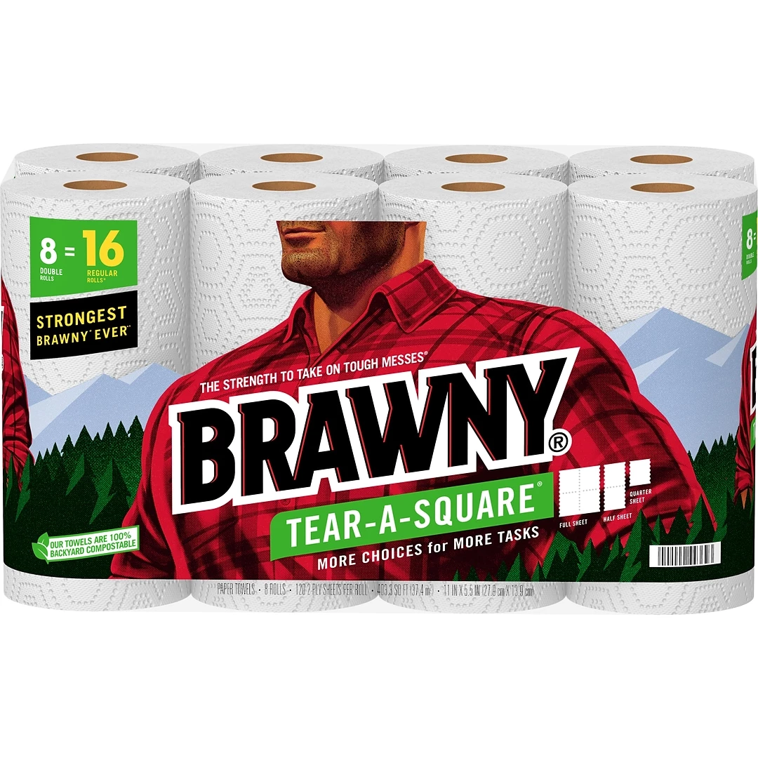 Brawny Tear-A-Square Paper Towels, 2-ply, 120 Sheets/Roll, 16 Rolls/Pack (44372/50) - Image 2