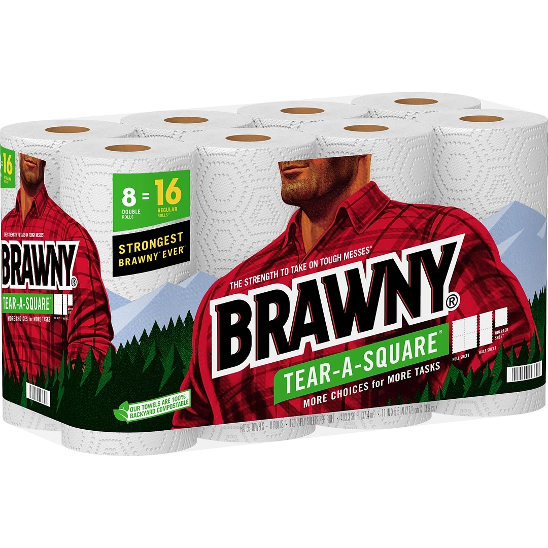 Brawny Tear-A-Square Paper Towels, 2-ply, 120 Sheets/Roll, 16 Rolls/Pack (44372/50) - Image 3