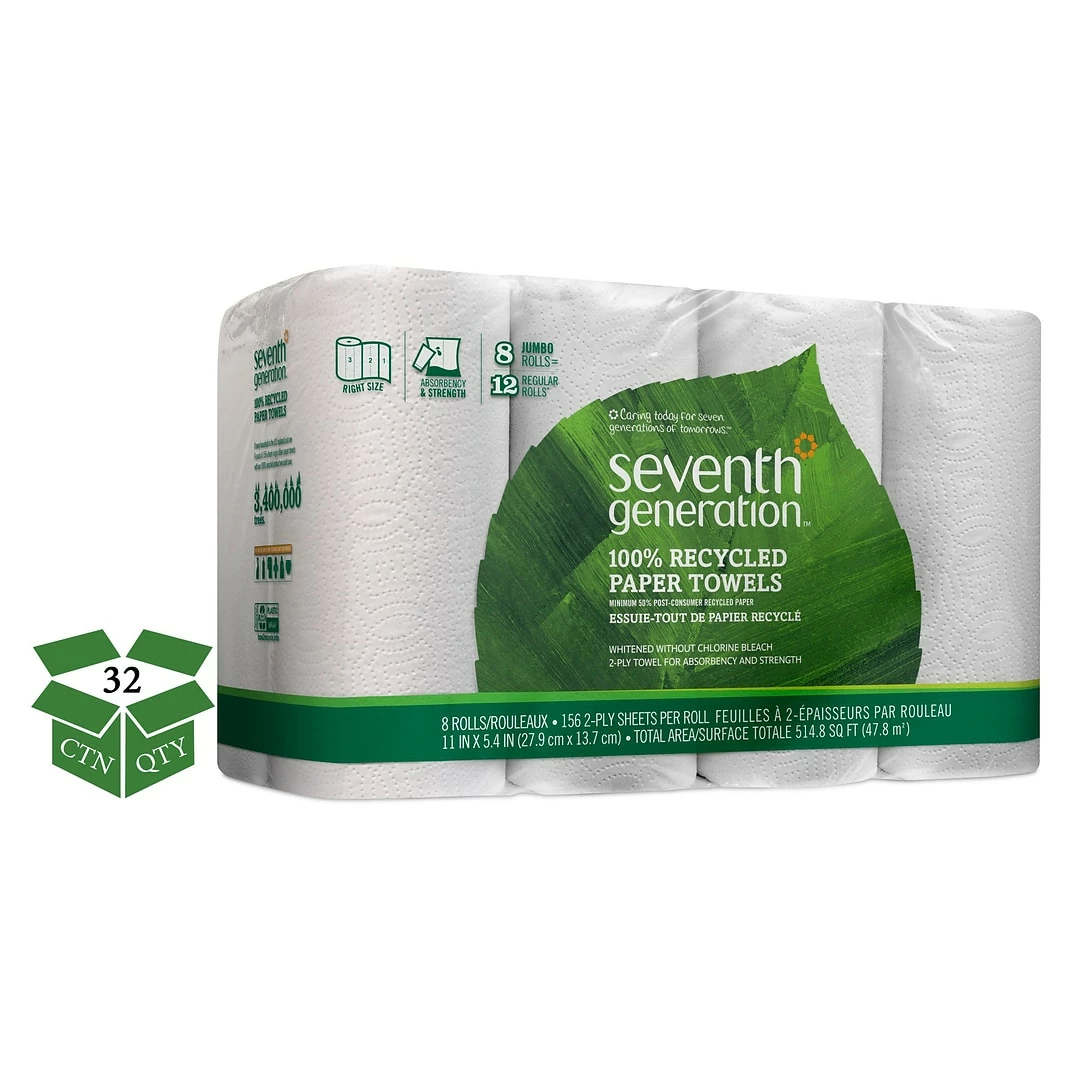 Seventh Generation 100% Recycle Kitchen Paper Towel Rolls W/Right-Size Sheets, 2-Ply, 156 Sheets/Roll, 32 Rolls/CT (SEV13739CT)