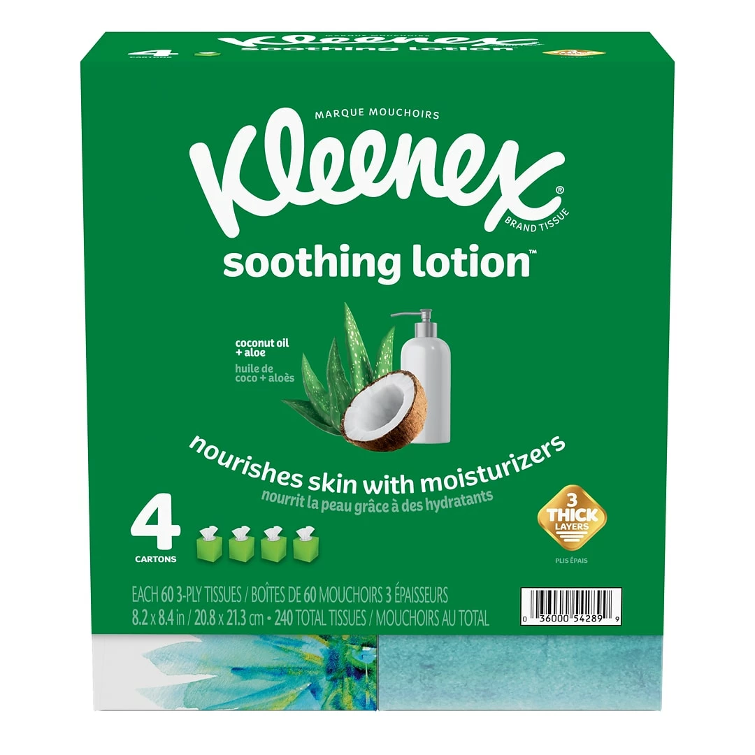 Kleenex Lotion Facial Tissue, 3-Ply, 60 Sheets/Box, 4 Boxes/Pack (25834)
