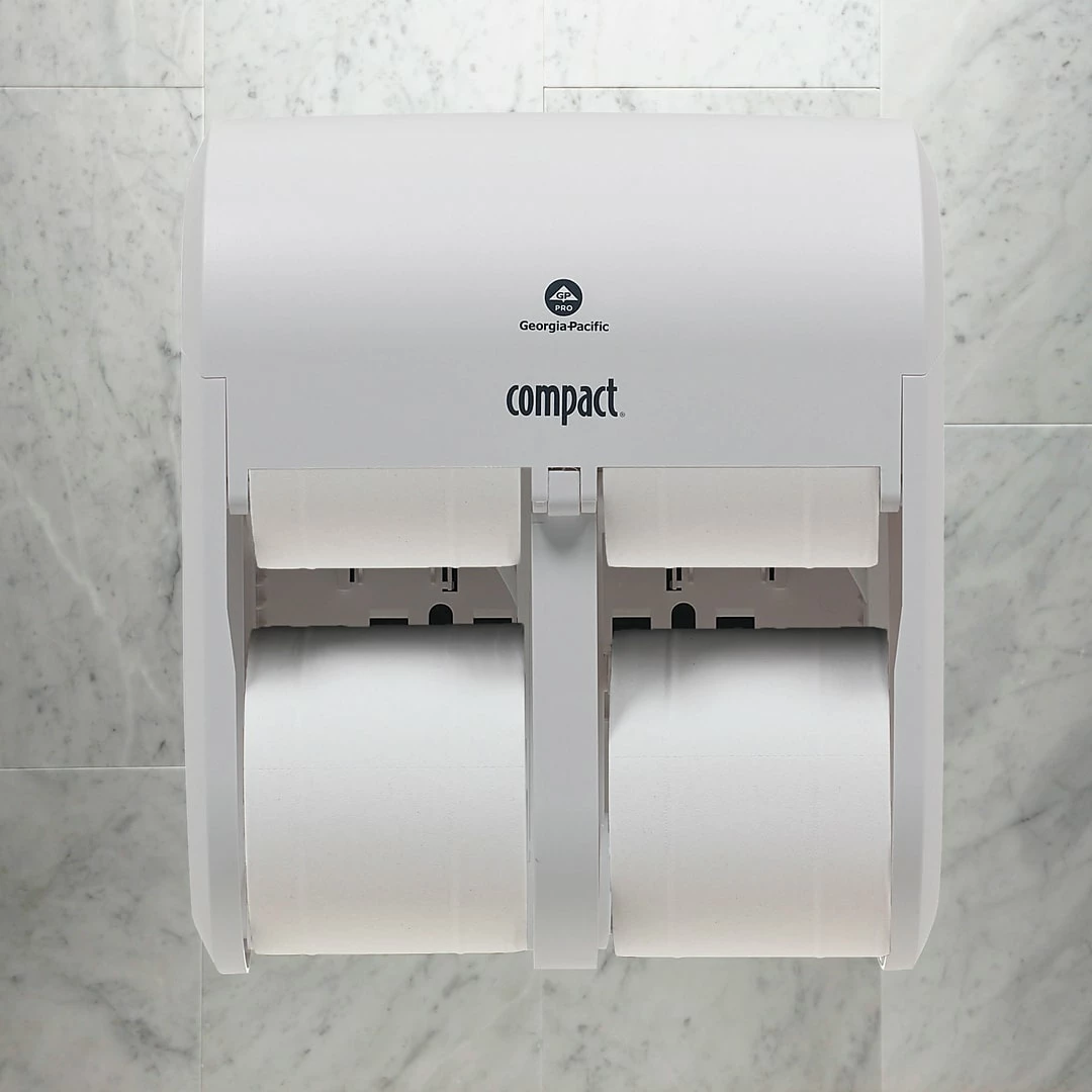 Georgia-Pacific Compact® 4-Roll Quad Coreless Toilet Paper Dispenser By GP PRO, White, 11.750” W X 6.900” D X 13.250” H (56747A)