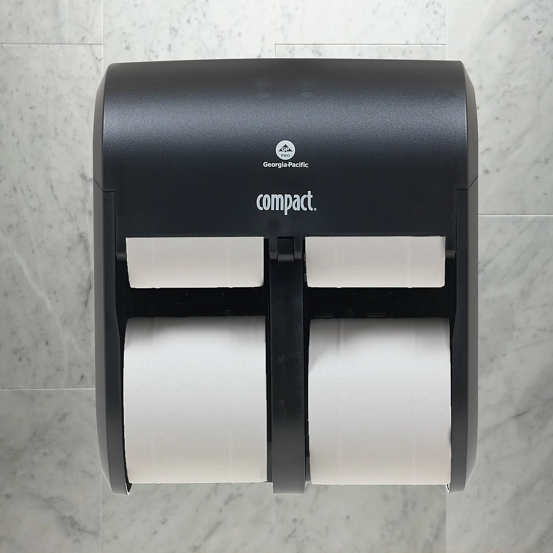 Compact® 4-Roll Quad Coreless Toilet Paper Dispenser By GP PRO, Black, 11.750” W X 6.900” D X 13.250” H (56744A)
