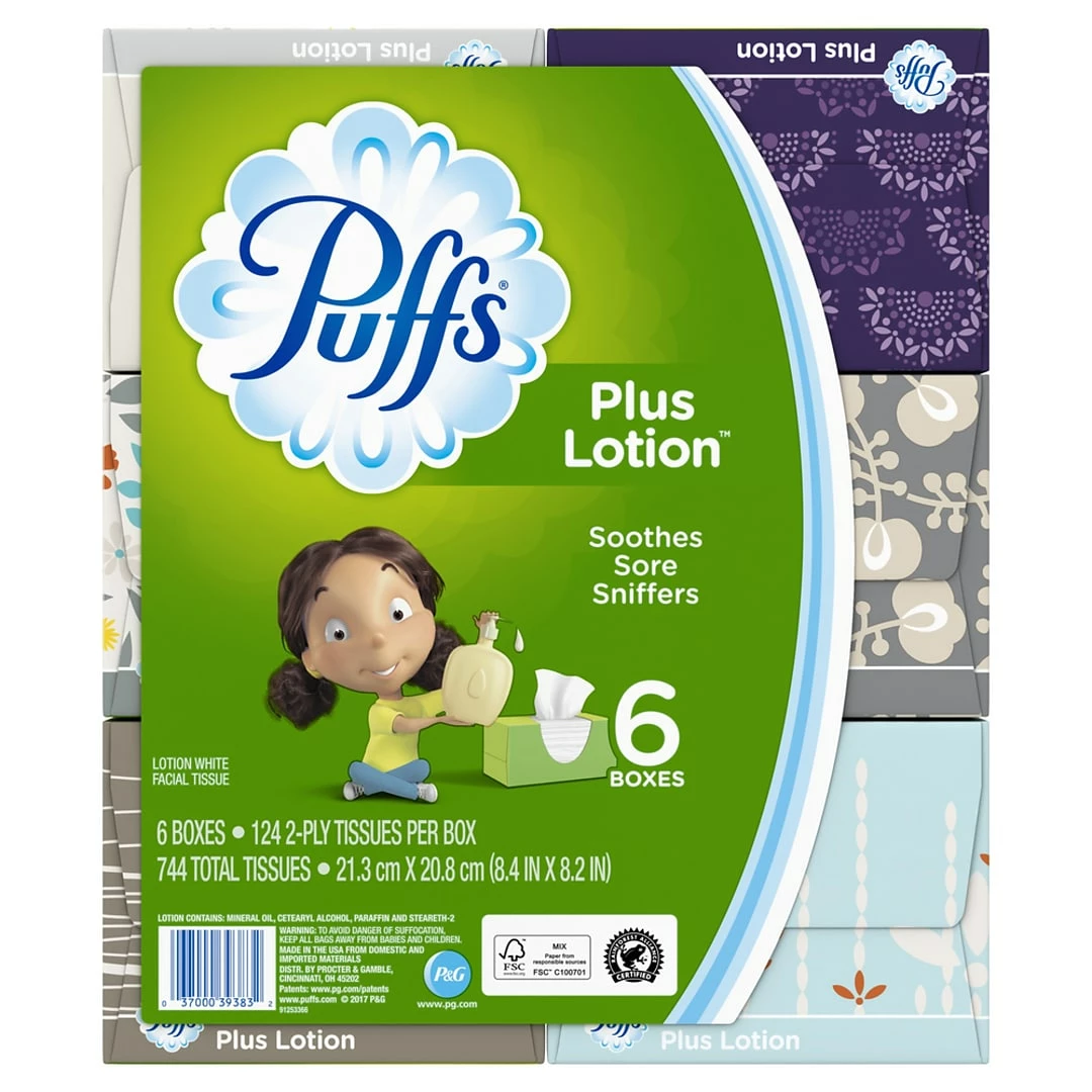 Puffs Plus Lotion Facial Tissue, 2-ply, 124 Tissues/Box, 6 Boxes/Pack (39383)
