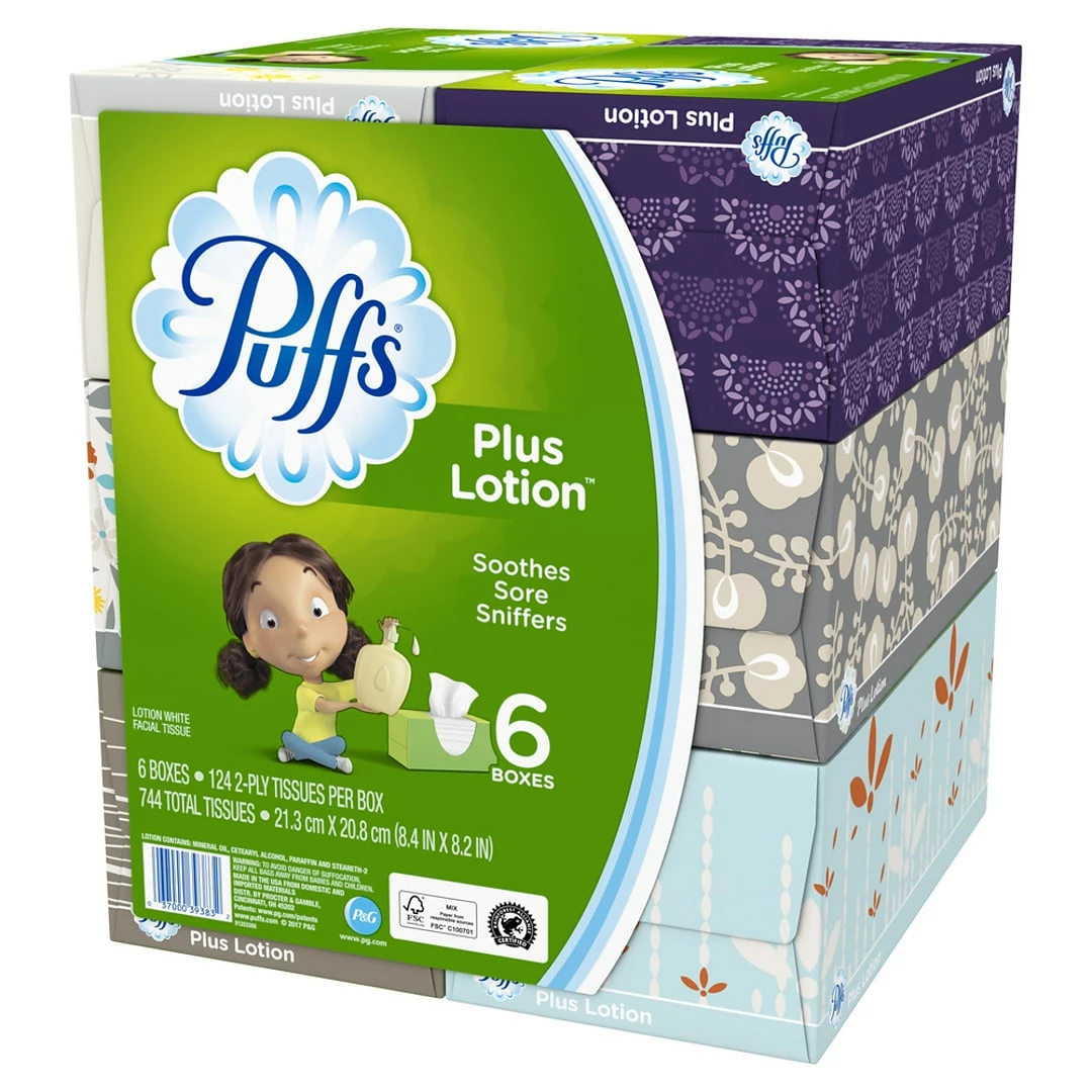 Puffs Plus Lotion Facial Tissue, 2-ply, 124 Tissues/Box, 6 Boxes/Pack (39383) - Image 5