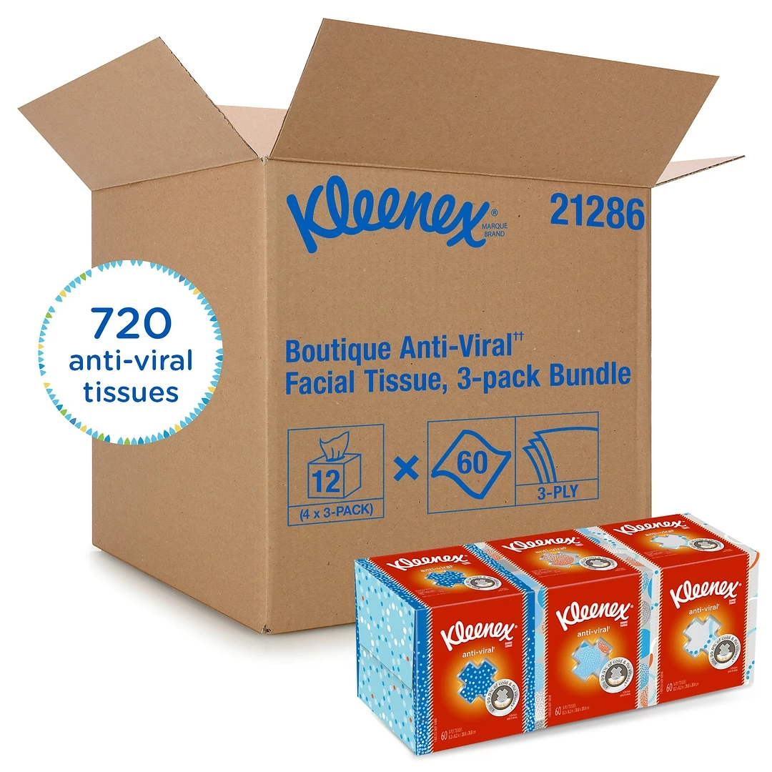 Kleenex Antiviral Facial Tissue, 3-Ply, 60 Sheets/Box, 12/Carton (21286CT)