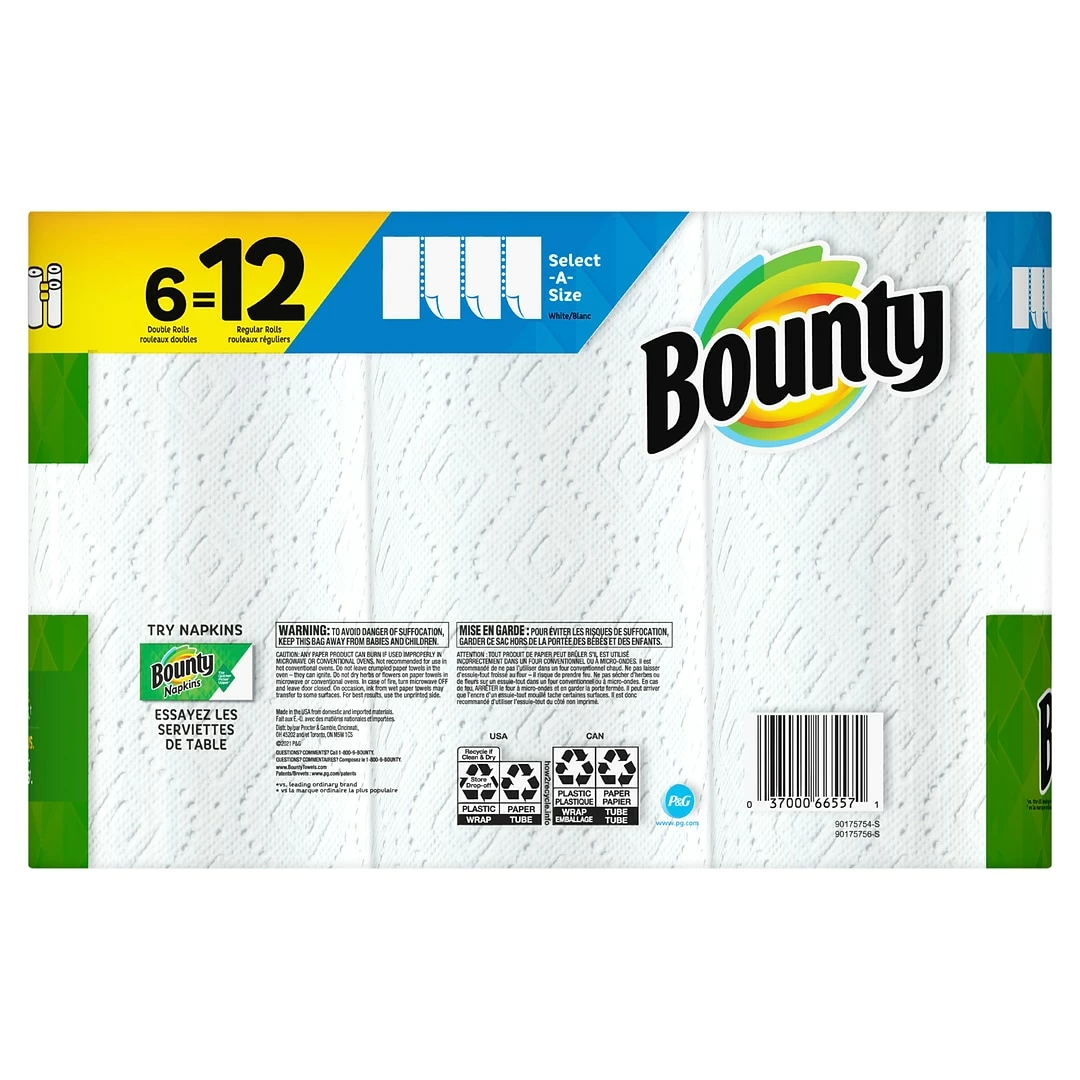 Bounty Select-A-Size Kitchen Rolls Paper Towels, 2-Ply, 98 Sheets/Roll, 6 Double Rolls/Carton (74801/95054) - Image 3