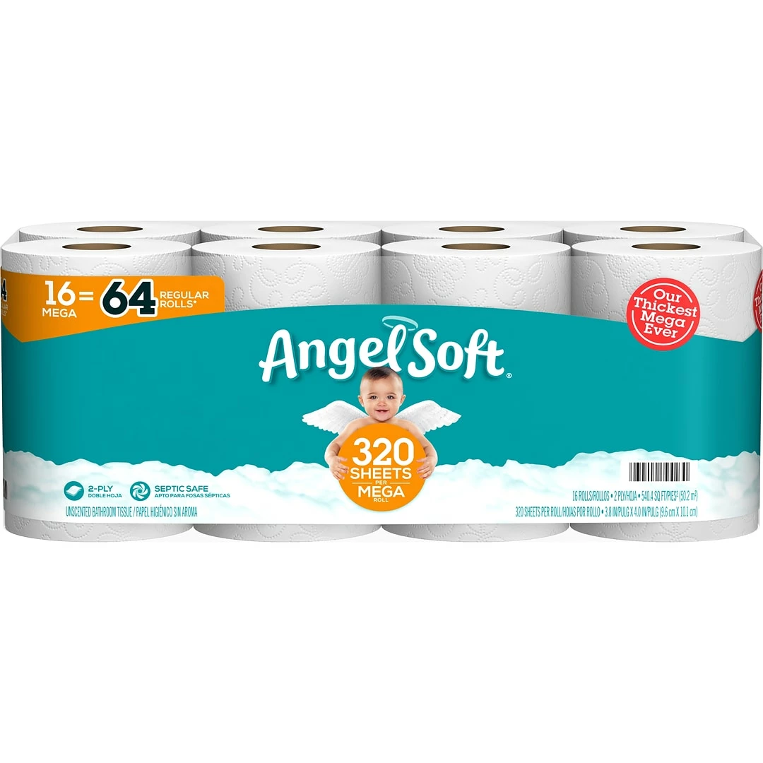 Angel Soft Mega Toilet Paper, 2-Ply, White, 320 Sheets/Roll, 16 Rolls/Case (79423/01)
