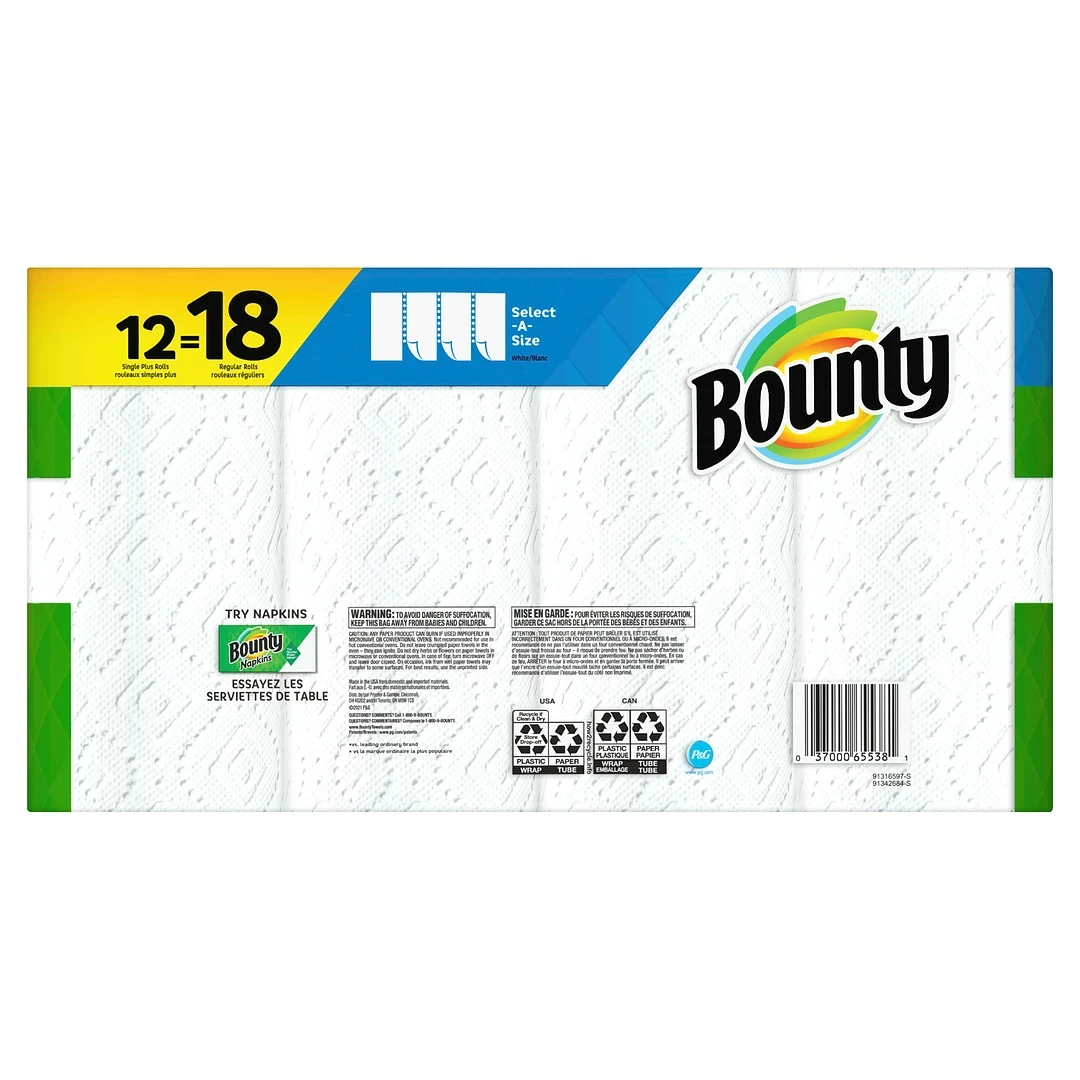 Bounty Select-A-Size Kitchen Rolls Paper Towel, 2-Ply, White, 74 Sheets/Roll, 12 Rolls/Carton (74795/65538) - Image 3