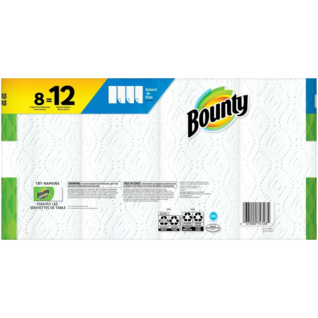 Bounty Select-A-Size Kitchen Roll Paper Towels, 2-Ply, 74 Sheets/Roll, 8 Single Plus Rolls/Pack (74728) - Image 3
