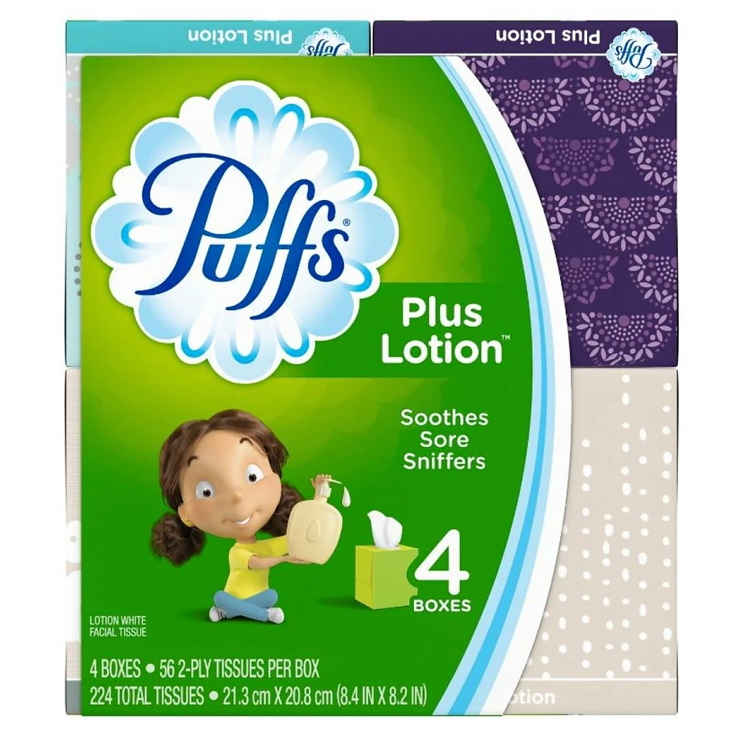 Puffs Plus Lotion Facial Tissue, 2-ply, 56 Tissues/Box, 4 Boxes/Pack (34899)